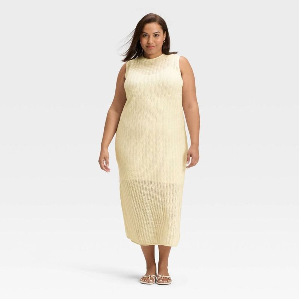 Women's Pointelle Maxi Sweater Dress - A New Day Cream XXL
